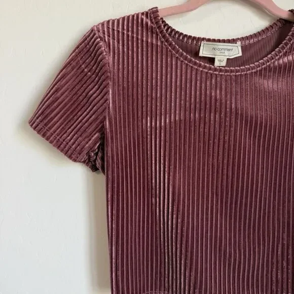 No Comment Y2K Velvet Ribbed Open Back Baby Tee Large Pink Mauve Boho Festival - Picture 2 of 6